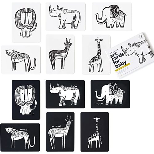 Wee Gallery Art Cards for Baby, Durable High Contrast Black and White Animal Flashcards for Newborns, Brain Development, Sensory Toys, Tummy Time Essentials for Infant and Toddler - Safari Animals
