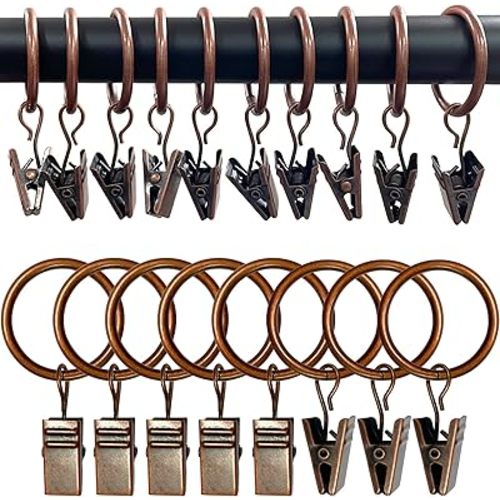 100 Pack Metal Curtain Rings with Clips, Drapery Clips with Rings, Drapes Rings 1 in I D, Fits Diameter 6/8 in Curtain Rod, Antique Copper