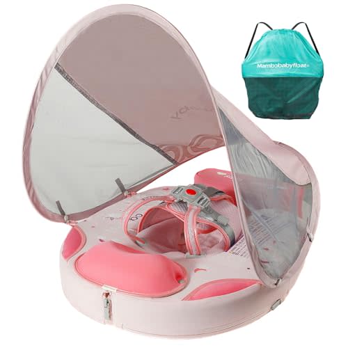 Mambobaby Float with Canopy & Portable Backpack Skin-friendly Baby Swim Float with Tail Waterproof Non-Inflatable Mambo Float Smart Swim Trainer Soft Solid Infant Pool Float 3-24 months Baby Swim Ring