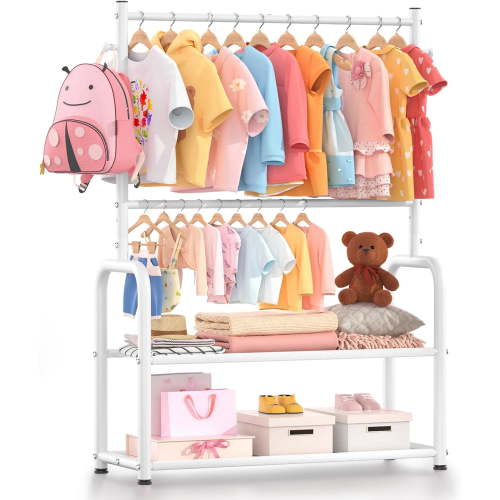 Hltser Kids Clothing Rack with 2-Layer Storage Shelf and 2 Adjustable Hanging Rods Small Baby Closet Organizer for Hanging Clothes Kids Dress Up Rack for Child (Classic Pink)