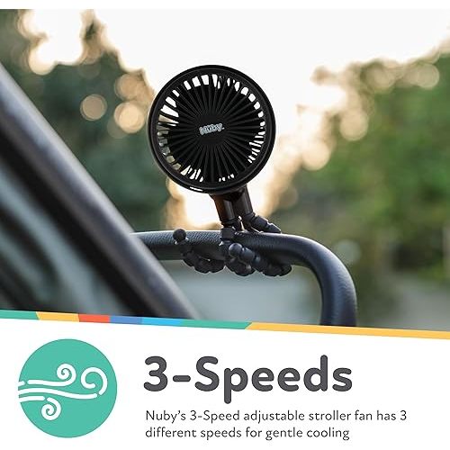 Nuby 3-Speed Stroller Fan with Adjustable Legs - Stroller Accessories - Summer Travel Essentials - Ideal for Car Seats and Play Yards - Black