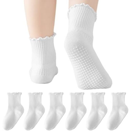 BISOUSOX White Ruffle Socks for Girls, Baby Girl Toddler Grip Socks Cute Grippy Frilly Dress Sock 0-6 6-12 Months 1-5T