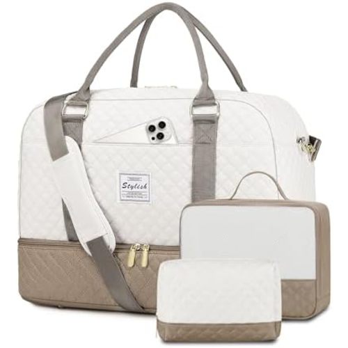 Travel Duffle Bag Weekender for Women: Travel Duffel Bag Carry-On Overnight Bag with Shoe Compartment & Wet Pocket Large Weekend Tote Bag with Toiletry Bags Gym Duffel Bag for Hospital Beige Khaki