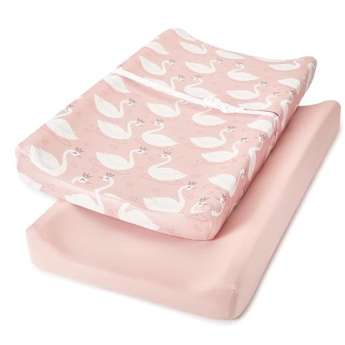 TILLYOU Changing Pad Cover Set in Soft Jersey Material - Fits 32"/34''x16 Contoured Pad for Babies, Swan Dance and Pink