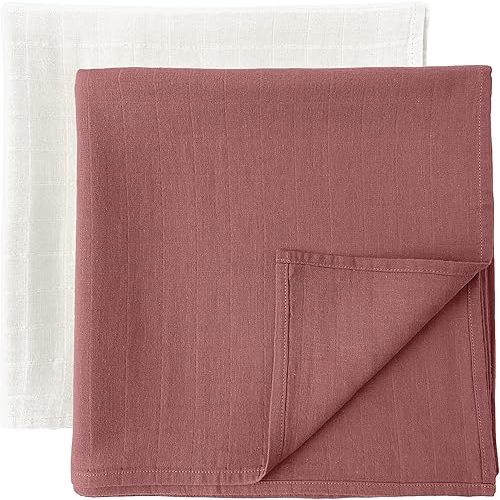 MOZAH Organic Muslin Swaddle Blankets - 100% Soft Organic Cotton - Baby Girl Blanket and Baby Boy Blanket (Raspberry Red and Pearly Grey)