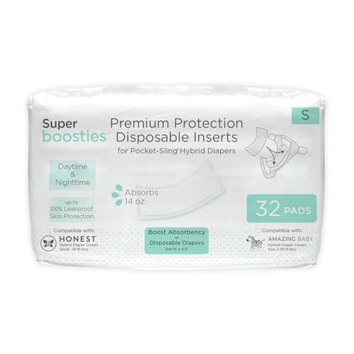 Overnight Diaper Leak Stopper, Super Boosties Disposable Inserts, Use with Pampers Sizes 2-6, Honest Hybrid Diaper Cover Sz Small, Amazing Baby Cover Sz 2, Pocket-Sling Compatible, 4.3x11 in, 32 count