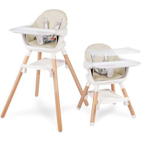 Baby High Chair, 6 in 1 Convertible Wooden High Chairs for Babies and Toddlers, Baby HighChair with Removable Double Tray & Adjustable Footrest
