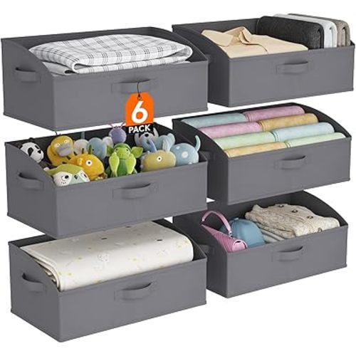 Lifewit Storage Baskets for Shelves, 6 Packs Non-woven Fabric Trapezoid Closet Organizer Bins with Handles, Foldable Clothing Containers Box for Clothes, Toy, Towel, Book, DVD, Hats, Large-Grey