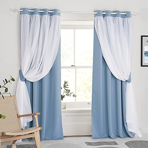PONY DANCE Curtains for Living Room - 84 inches Long Sheer Curtains with Blackout Panels Double Layered Blackout Home Decor, 52-inch Wide, Shadow Blue, Set of 2