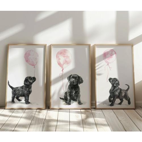 Labrador Retriever print, Dog nursery print set of 3, Puppy wall art, Lab watercolor print, Puppy nursery decor, Black Labrador with Balloon