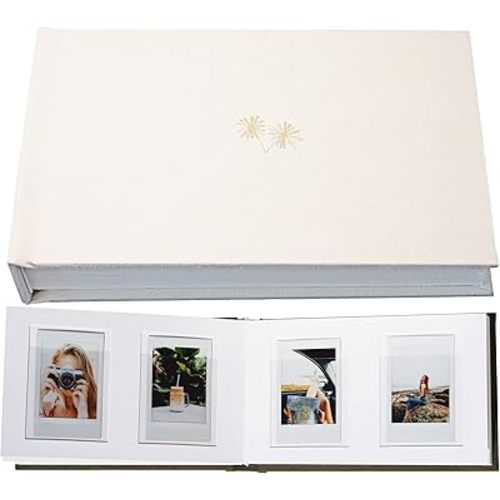 3 Inch Vegan Leather Hardcover Mini Photo Album with Writing Space 52 Pockets Compatible with Fujifilm Instax Mini 11 9 8 7s 90 70, Wedding Mini Photo Album (Cream)