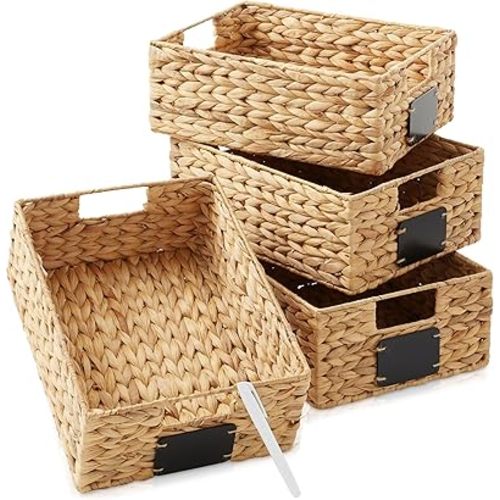 Casafield Set of 4 Water Hyacinth Pantry Baskets, 10" x 13" x 5", with Chalkboard Labels and Chalk Marker - Natural, Woven Storage Bin Organizers for Kitchen Shelves