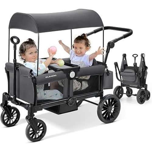 ELEMARA Stroller Wagon, 2 Seat Stroller for 2 Kids, Premium All Terrain Stroller for Kids w/Removable Canopy, Adjustable Push/Pull Handle, Large Storage Bag, Gray