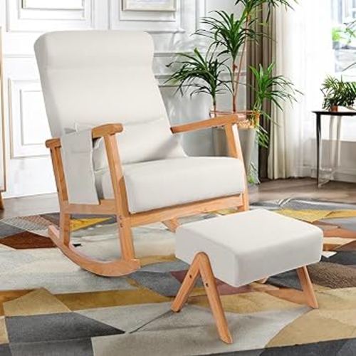 NOBLEMOOD Rocking Chair with Ottoman, Upholstered Nursery Glider with Pillow & Side Pocket, Big and Tall Rocker with Rubberwood Armrests for Living Room, Bedroom & Apartment, Burlywood