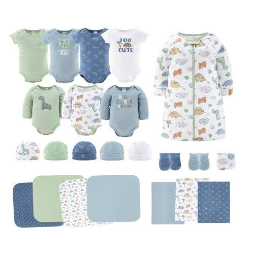 The Peanutshell Baby Layette Gift Set for Baby Boys - 23 Piece New Born Baby Boy Gift Set, Baby Clothes & Newborn Essentials Must Haves - Newborn Baby Boy Clothes 0-3 Months - Dinosaur