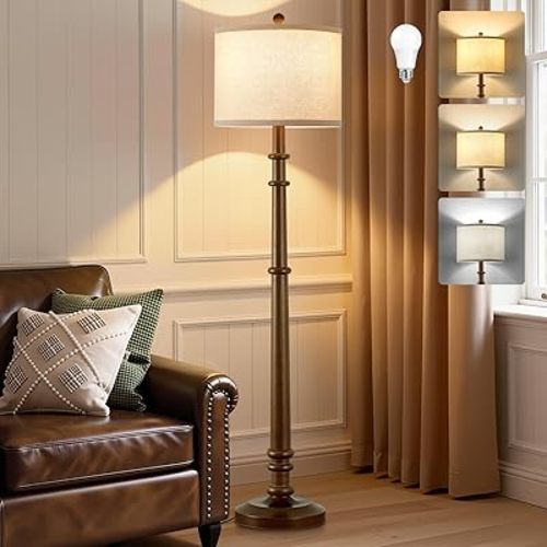 Floor Lamps for Living Room - 60" Wood Farmhouse Floor Lamp with Adjustable Color Temperatures - Vintage Standing Lamp Reading Light with Linen Shade Rustic Tall Lamp for Bedroom Office, Walnut