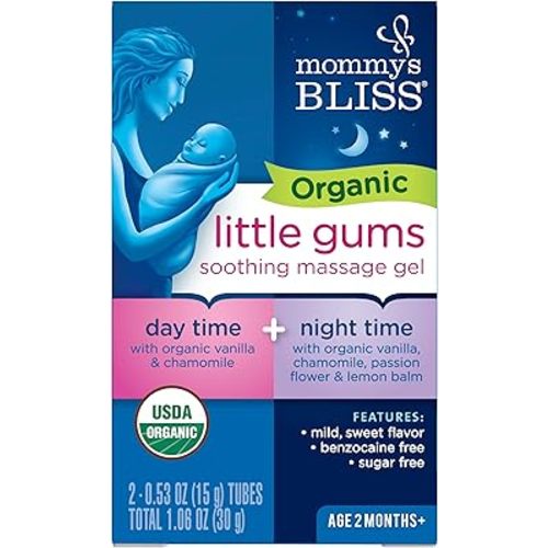 Mommy's Bliss Organic Little Gums Soothing Massage Gel Day and Night Combo, Great for Teething Babies, Age 2 Months+, Sugar Free, Mild & Sweet Flavor, 2 - 0.53 Oz Tubes (Pack of 1)