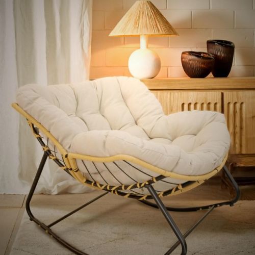 Large Rattan Wicker Rocking Chair with 360° Recline and Cloud-Like Cushion for Living Room
