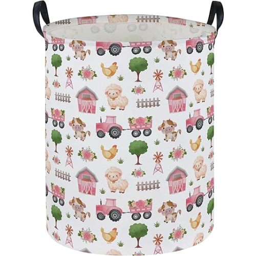 Essme Kids Laundry Basket,Farm Hamper Collapsible Canvas Waterproof Storage Bin for Girls, Pink Hamper,Gift Baskets(Pink Farm)