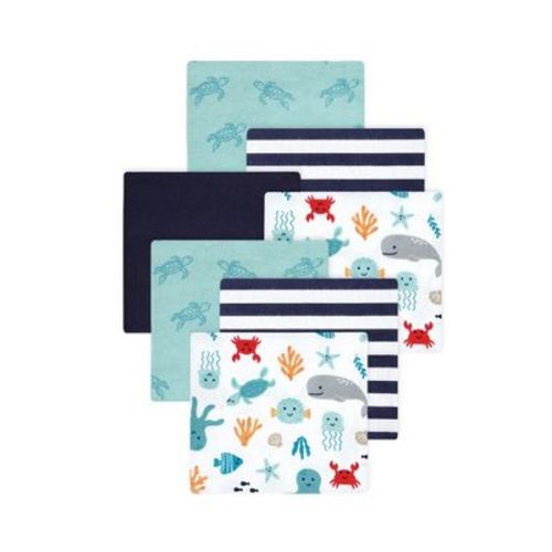 Little Treasure Hudson Baby Boys Cotton Poly Flannel Receiving Blankets Multipack, Blue Sea Characters, 30x30 inches