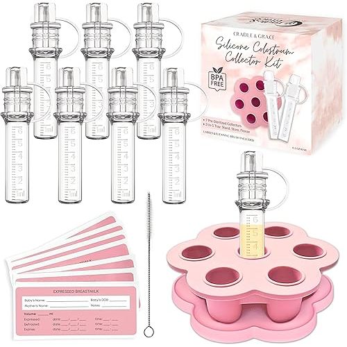 Cradle & Grace Colostrum Collection Kit with Multi-Use Storage Tray, 6ml/7pcs Presterilized Silicone Colostrum Collector, Reusable Colostrum Syringes Freezer Safe, Heat Safe, Breast Feeding Essentials