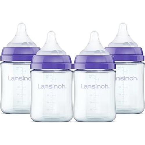 Lansinoh Anti-Colic Glass Baby Bottles, 5 Ounces, 4 Count Bottles for Feeding, Baby Essentials, Includes 4 Extra Slow Flow Nipples, Size XS