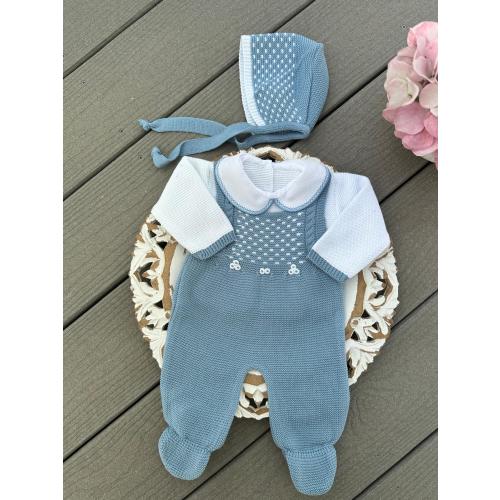 Honeycomb Pattern Knit Romper Set in Blue and White