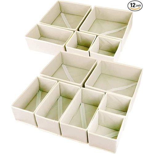 12 Pack Drawer Organizers, Drawer Dividers Storage Bins, Foldable Drawer Organizers for Clothing, Cloth Clothes Drawer Organizer for Underwear,Folded Clothes,Baby Clothing,Socks,Bra,Towels,Ties - Beige