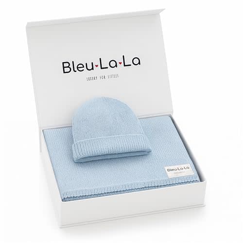 Bleu La La Luxe Collection 100% Organic Luxury Knit Baby Blanket + Hat Set (Sky Blue)