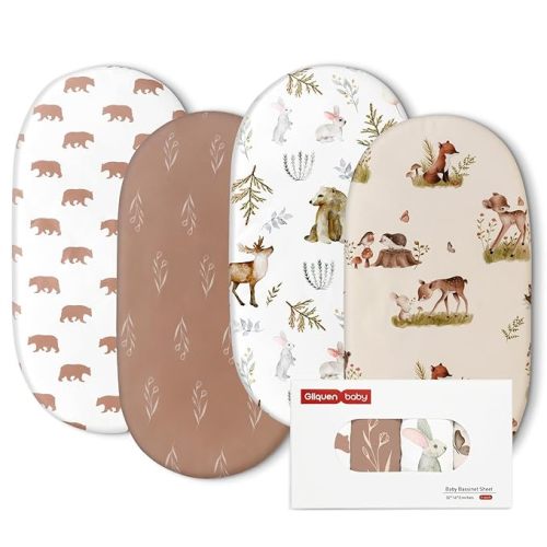Gllquen Baby Bassinet Sheets 4 Pack, Breathable Cozy Fitted Mattress Sheet, Elastic Travel Crib Fashionable Floral Pattern, Standard Cradle Safe Sheets for Baby Boys Girls 32"x16" (Bear)