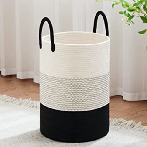 VIPOSCO Large Laundry Hamper, Tall Woven Rope Storage Basket for Blanket, Toys, Dirty Clothes in Living Room, Bathroom, Bedroom - 58L White & Black