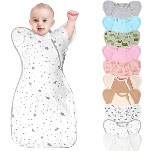 3-Way Wearable Swaddle Blankets Sleep Sacks with Arms Up, Hands Up Sleeping Sack Easy Diaper Changing Sleeping Bag for Baby Boy Girl Newborns Transitions to Arms-Free Calms Startle Reflex