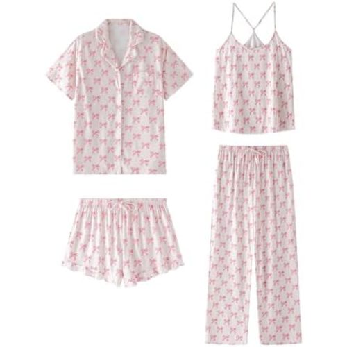 SAPJON Womens Soft Pajama Sets 4 Pcs Button Down Short Sleeve Top and Pants Cami and Ruffle Shorts Pjs Lounge Sets Sleepwear