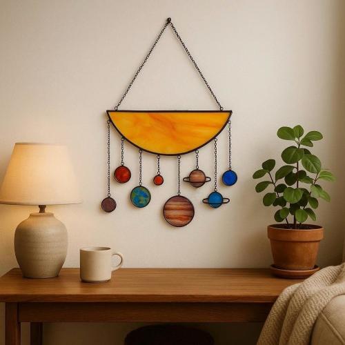 Solar System Wall Hanging, Stained Glass Planets Mobile, Boho Celestial Decor, Space Nursery Art, Unique Gift, Sympathy Memorial Ornament
