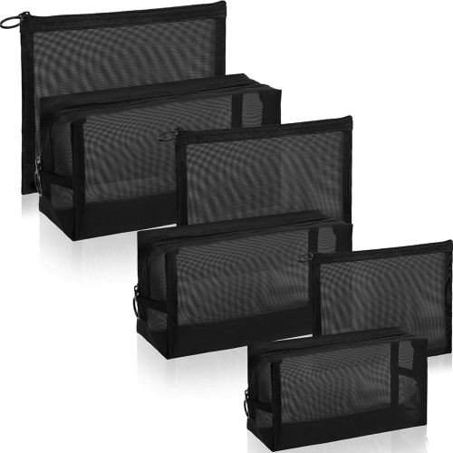 6 bolsas de maquillaje de malla, bolsa de cosméticos de malla, portátil, organizador de viaje, bolsa con cremallera, bolsas de maquillaje para el hogar, oficina, accesorios de viaje (negro)