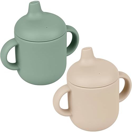 Silicone Baby Drinking Cups, Silicone Sippy Cups for 6-12 Months Toddlers - Pack of 2 Food Grade Silicone Traning Cups with Straws and Lids Grip Handle for Baby Led Weaning, 6 oz (Sage/Sand)