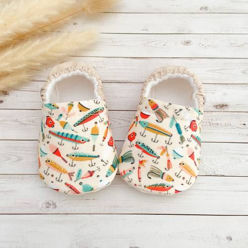 FISHING baby booties, slippers, crib shoes, soft sole, moccasins, baby shoes