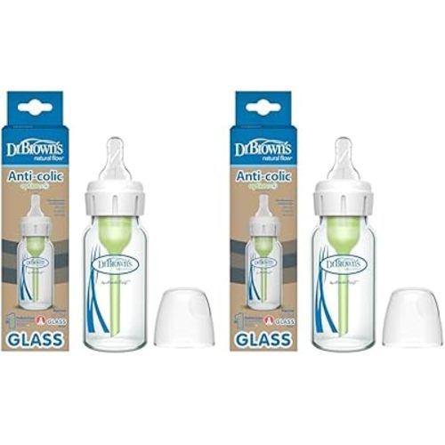 Dr. Brown's Natural Flow Anti-Colic Options+ Narrow Glass Baby Bottle, 4 oz/120 mL, with Level 1 Slow Flow Nipple, 2 Pack, 0m+