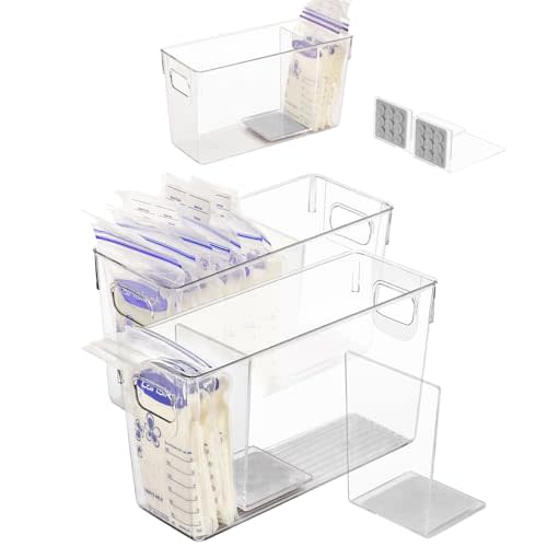 Breastmilk Storage Container with L Shaped Separator Boards, Dividers Will Flatten Standing Breast Milk Bags in Organizer Bins Save Refrigerator Space | 2 Containers Plus 4 Gray Removable Dividers