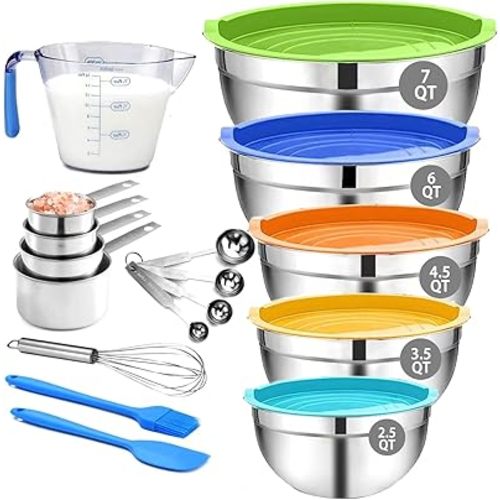 MIKULA Mixing Bowls, Mixing Bowl Set with Lids, 22PCS Large Stainless Steel Mixing Bowls & 400ML Measuring Cups Spoons Storage Nesting Metal Baking Bowl 7/6/4.5/3.5/2.5QT for Kitchen Supplies