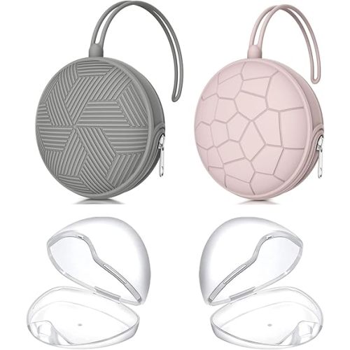 Smlpuame 4 Pack Pacifier Holder Case Set,2 Silicone Portable Pacifier Cover Pouch Bag for Diaper Bags Baby Carriage with 2 Transparent Pacifier Storage Container Box,Easy to Clean,(Pink & Grey)