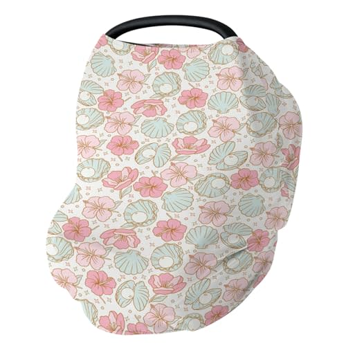 Boho Summer Mermaids Floral Car Seat Cover for Baby Beach Seashells Conch Tropical Flowers Stretchy 5-in-1 Cover Adjustable Infant Carseat Cover Canopy Ocean Marine Breathable Nursing Cover-Up
