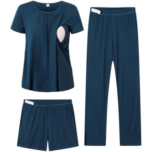 DIKFA 3 Pcs Women Maternity Nursing Pajamas Set Short Sleeve Breastfeeding Shirts Pjs Pregnancy Shorts & Pants Sleepwear