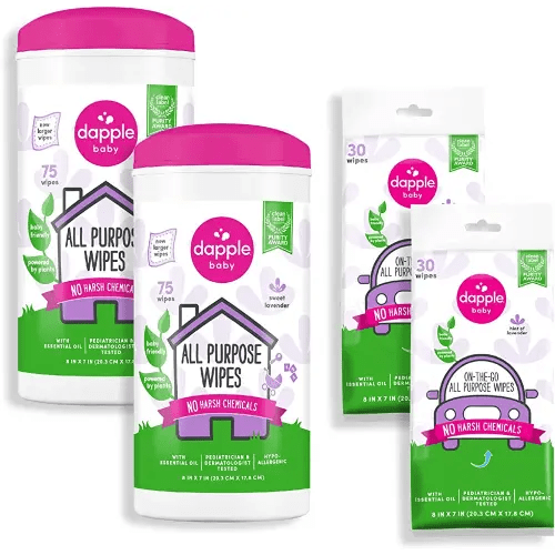All Purpose Wipes by Dapple Baby, Hypoallergenic Cleaning Wipes Powered by Plants, Hint of Lavender, 75 Count Canister (Pack of 2) + 30 Count (Pack of 2)