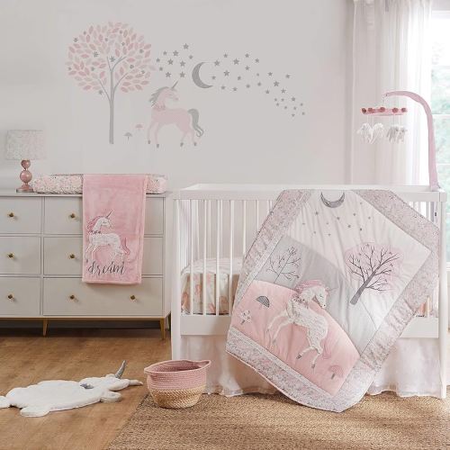 Levtex Baby - Colette Crib Bed Set - Baby Nursery Set - Grey Pink White - Unicorn - 5 Piece Set Includes Quilt, Two Fitted Sheets, Wall Decal & Skirt/Dust Ruffle