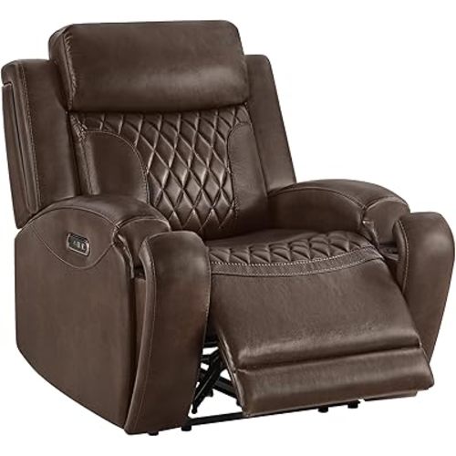 CHITA Genuine Leather Recliner Chair for Adults with Adjustable Power Headrest, Lay Flat Power Recliner with Slide-Out Cupholders & USB/Type-C Ports, Living Room Chair, Brown