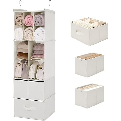 GRANNY SAYS Hanging Closet Organizer with Drawers, 6 Shelf Dividers Closet Hanging Organizer, Foldable Hanging Shelves for Closet, Portable Closet Organizers and Storage for Dorm Room, Beige