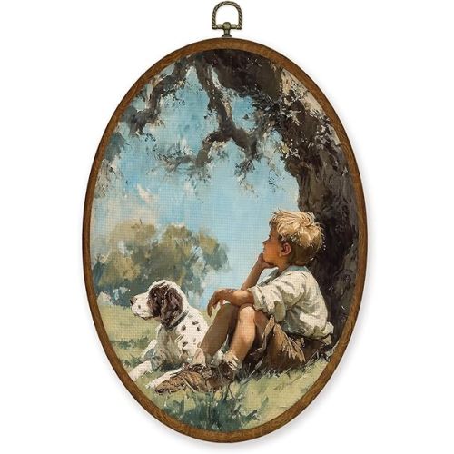 WULQYING Vintage Boy and Dog Wall Art Decor, Farmhouse Landscape Oval Framed Canvas Art Prints, Rustic Cottagecore Cabin Wall Hanging Decor for Home Living Room Bedroom Nursery, 8.6x11.4 Inches