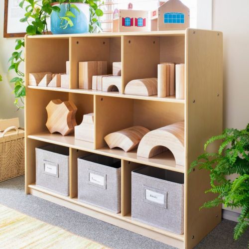 Guidecraft Edq 3-shelf 8-compartment Storage 36" - Natural: Kids' Wooden Cubby Cube Bookshelf With Bins For Toys And School Supplies