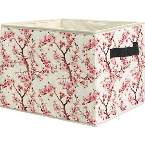 Pink Cherry Blossom Floral Storage Bin Box with Handles, Oriental Aesthetic Cherry Flower Foldable Linen Fabric Laundry Basket for Home Bedroom Bathroom Clothes Toys Books